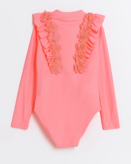 Girls pink flower detail swimsuit