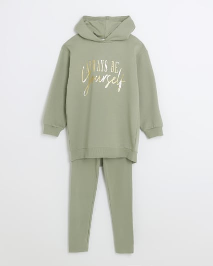 Girls khaki oversized hoodie and leggings set