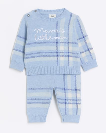 Baby boys blue knitted check jumper set
