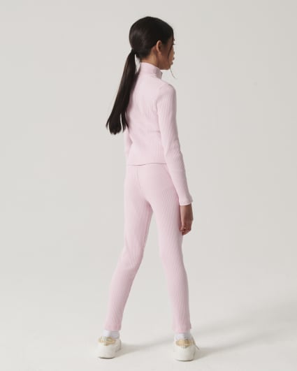 Girls pink rib zip up sweatshirt set