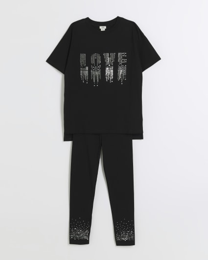 Girls black sequin t-shirt and leggings set