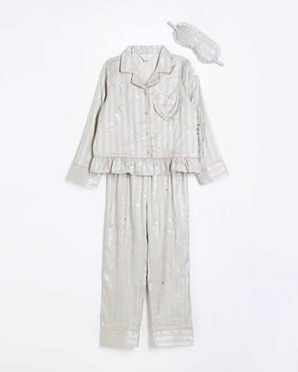 Girls grey satin star 3 piece pyjama set