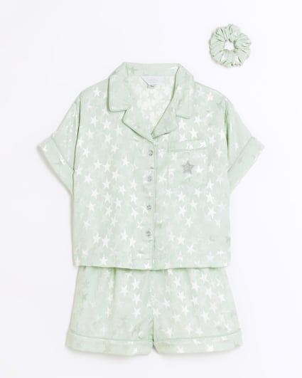 Girls green star satin shorts pyjama set