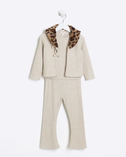 Mini girls beige leopard trim cardigan set