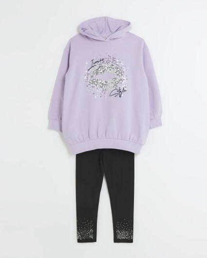 Girls purple embellished lip hoodie set
