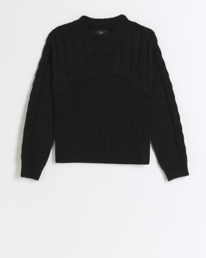 Girls black knitted crop jumper and vest set