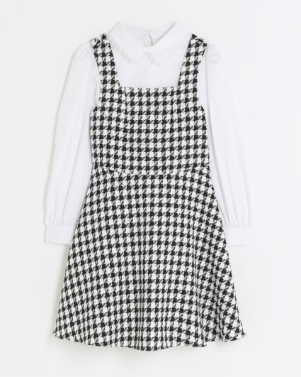 Girls Black Boucle Check Pinafore Set