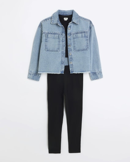 Girls blue denim diamante shacket 3 piece set