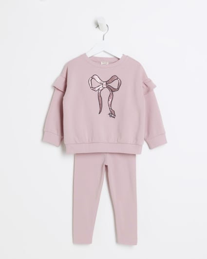 Mini girls pink sequin bow sweatshirt set