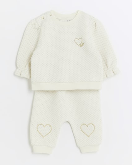 Baby girl ecru quilted heart sweatshirt set