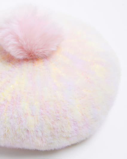 Mini girls rainbow knitted pom pom beret hat