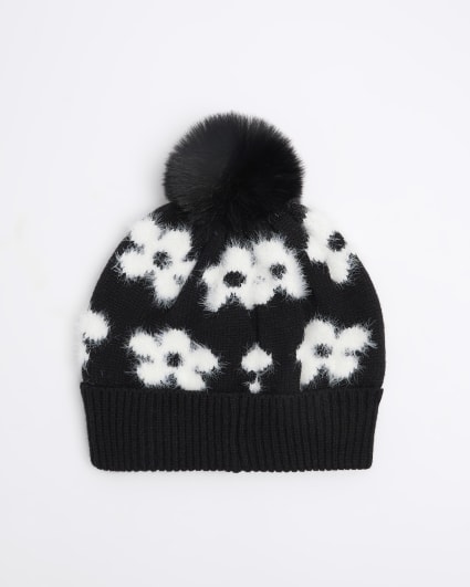 Mini girls black floral knitted beanie hat