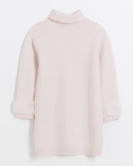 Girls Pink Faux Fur Trim Knitted Jumper Dress