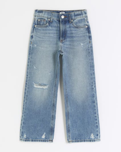 Girls blue straight ripped jeans