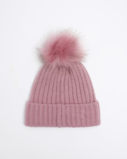 Girls pink diamante beanie hat