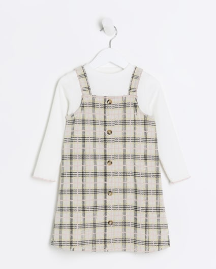 Mini girls beige check pinafore dress set