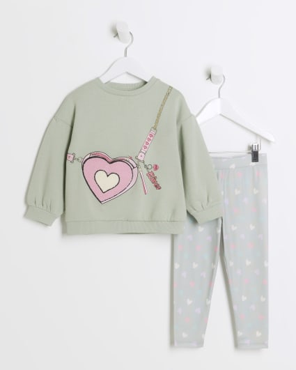 Mini Girls Khaki Bag Graphic Sweatshirt Set