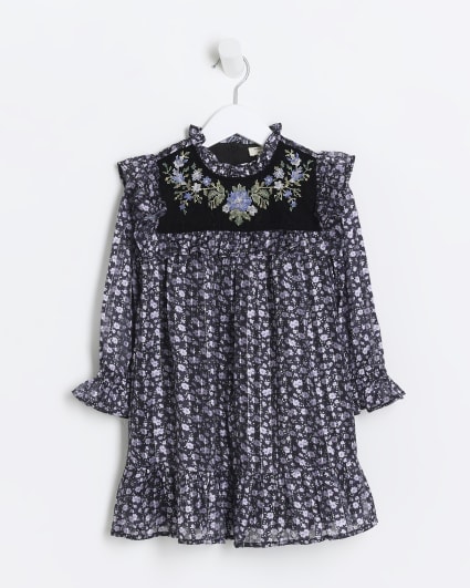 Mini girls purple chiffon floral smock dress