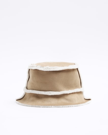 Girls beige borg bucket hat