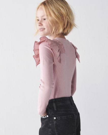 Girls Pink Long Sleeve Rib Frill Bodysuit