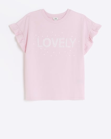 Girls pink graphic frill sleeve t-shirt