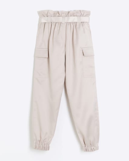 Girls pink satin belted cargo trousers