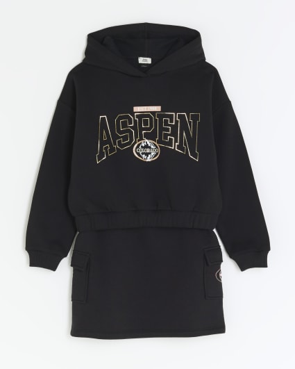 Girls black Aspen hoodie and cargo skirt set