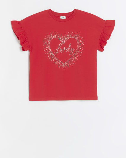 Girls red frill embellished 'Lovely' t-shirt