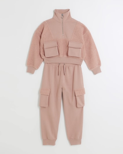 Girls pink cargo borg funnel sweatshirt set