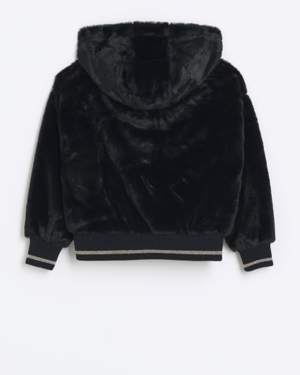 Girls black zip through faux fur hoodie