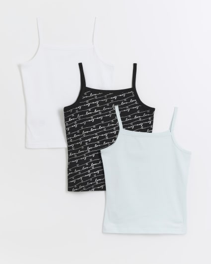 Girls black foil script vest 3 pack
