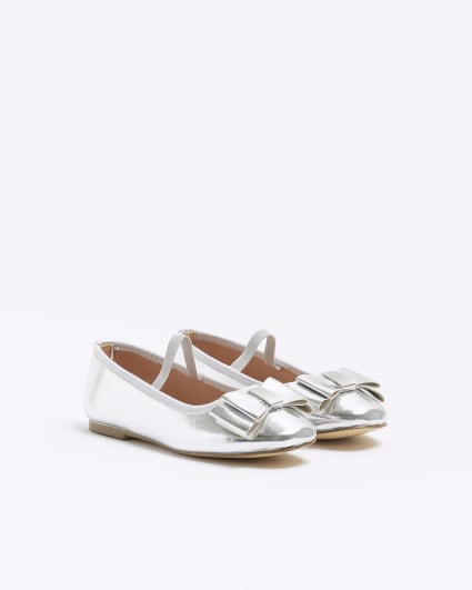 Girls silver metallic bow ballet shoes