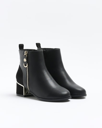 Girls black wide fit side zip heeled boots