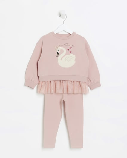 Mini girls pink swan tulle sweatshirt set