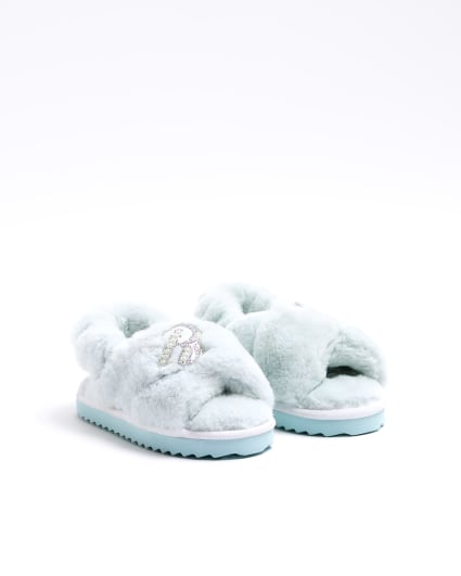 Mini girls green faux fur pearl slippers