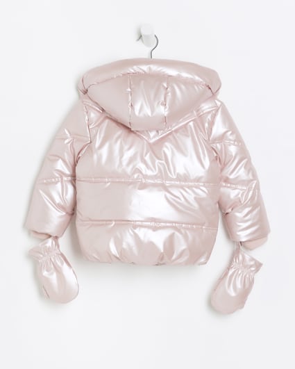Mini girls pink hooded puffer mitten coat