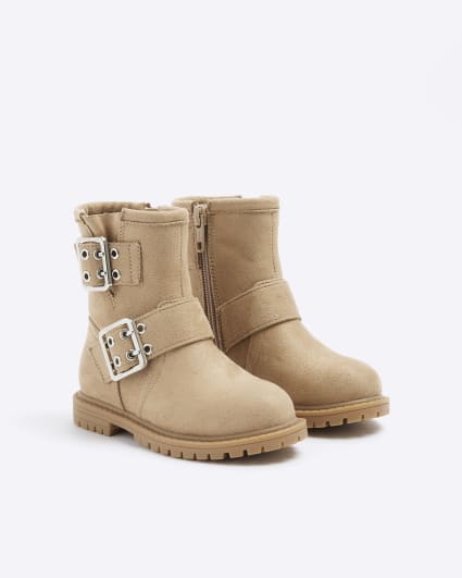 Mini girls beige buckle biker boots
