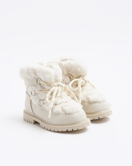 Mini girls cream faux fur shearling boots