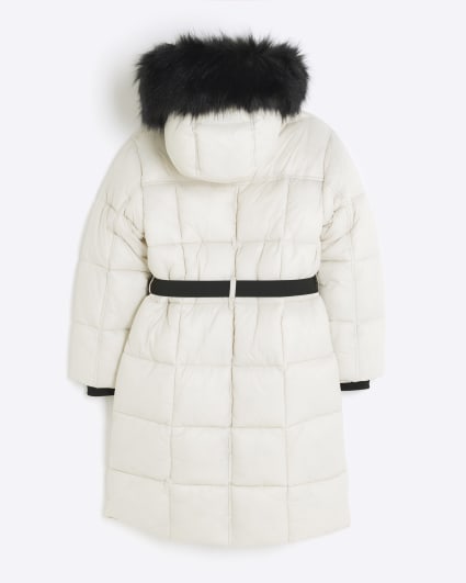 Girls cream faux fur hood puffer coat
