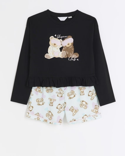 Girls black teddy satin pyjama set