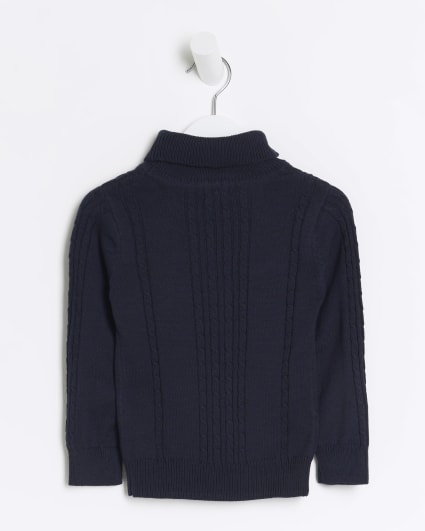 Mini boys navy cable knit roll neck jumper