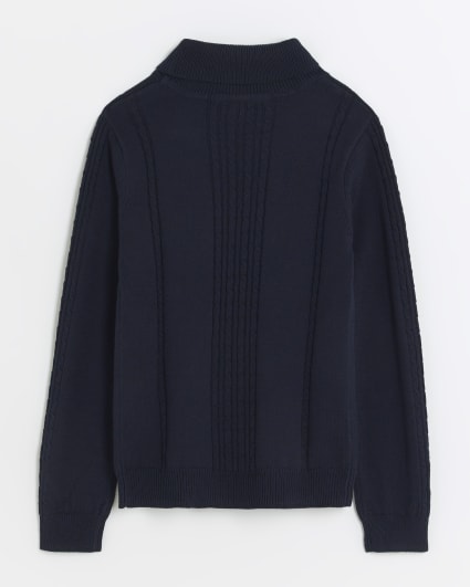 Boys navy cable knit roll neck jumper