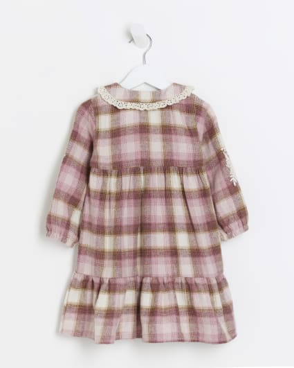 Mini girls pink check tiered shirt dress