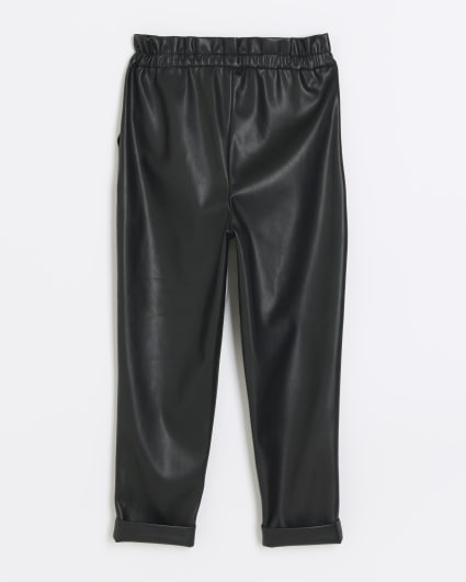 Girls black faux leather elasticated trousers