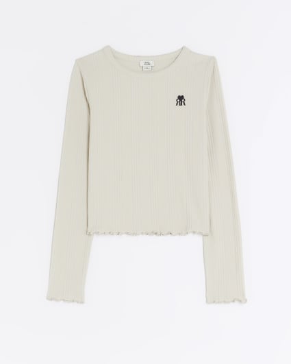Girls stone long sleeve rib lettuce hem top