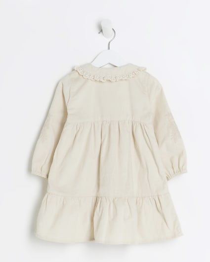 Mini girls beige corduroy tiered shirt dress