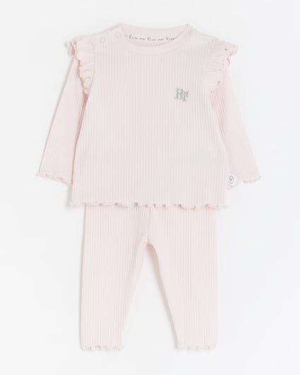 Baby girls Pink Frill Ribbed Outfit