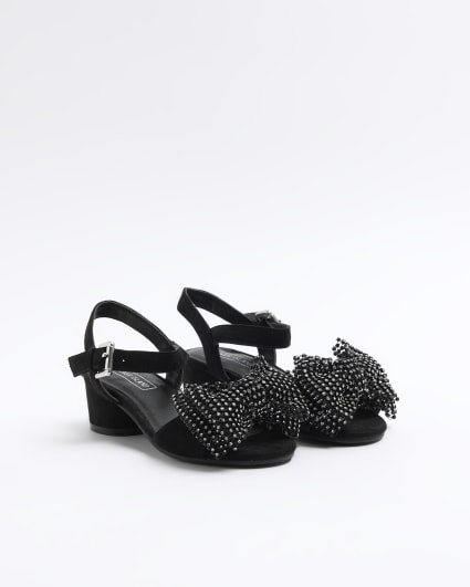 Girls black diamante bow sandals