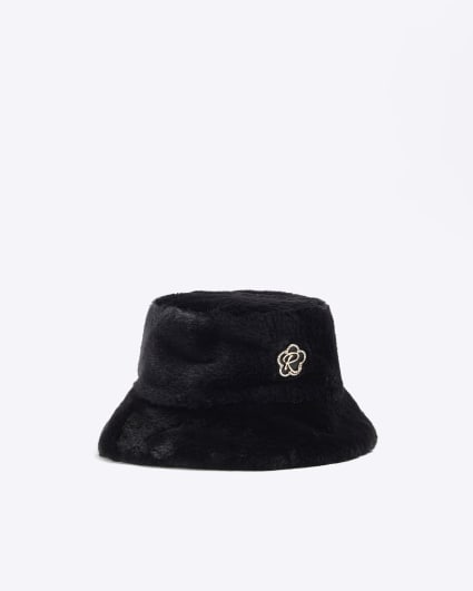 Girls black faux fur bucket hat