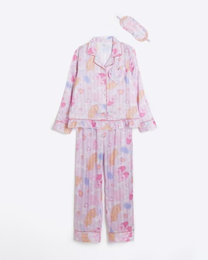 Girls purple stripe satin graphic pyjama set